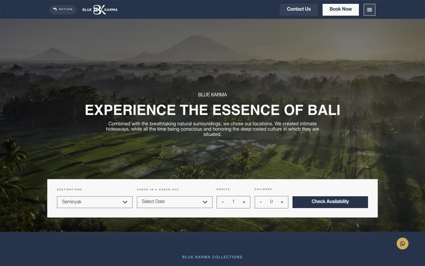 Home page of the Blue Karma Secrets website over misty rice fields